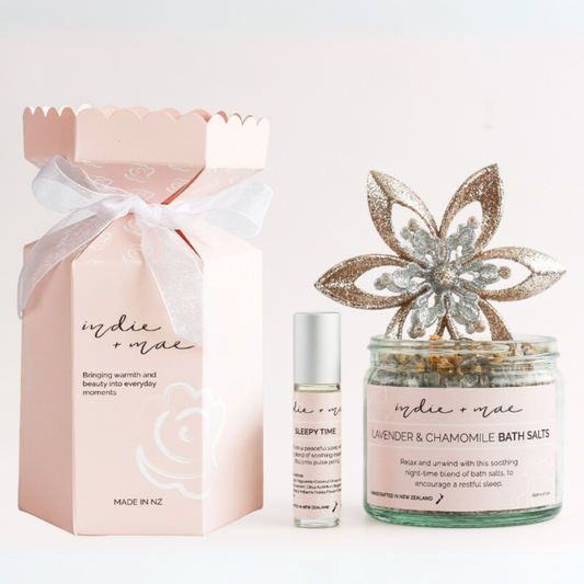 Indie + Mae Sleepy Time Aromatherapy roller, bath salts & a Christmas Cracker.